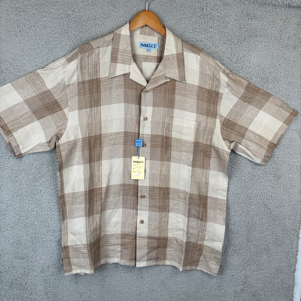 NEW‎ Inserch Camp Shirt Mens 2XL Beige Plaid 100% Linen Loop Collar Beach Summer